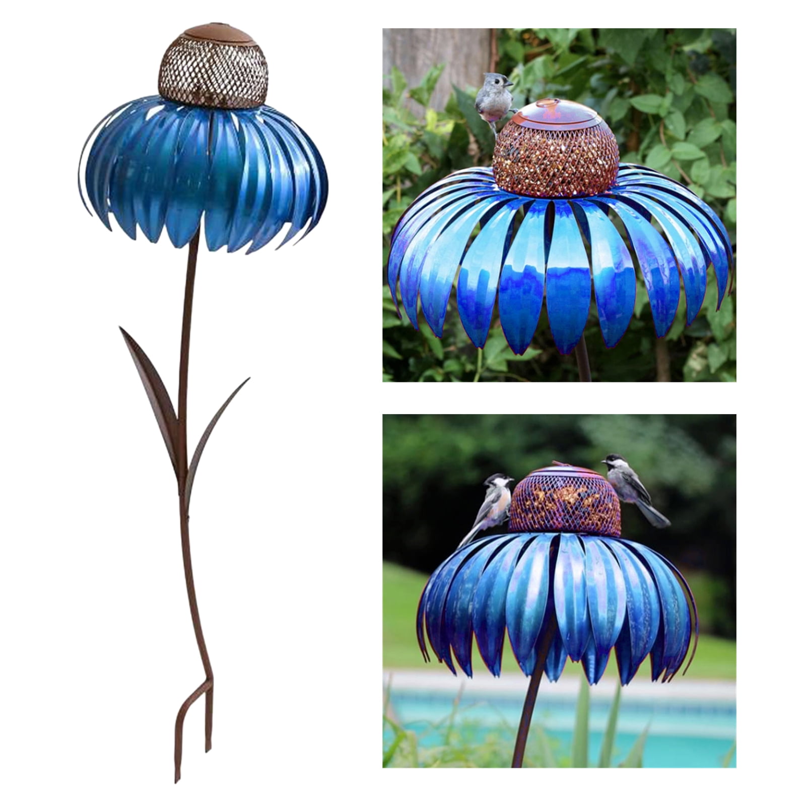 Metal Coneflower Standing Bird Feeder Handpaied Art Stake Decor
