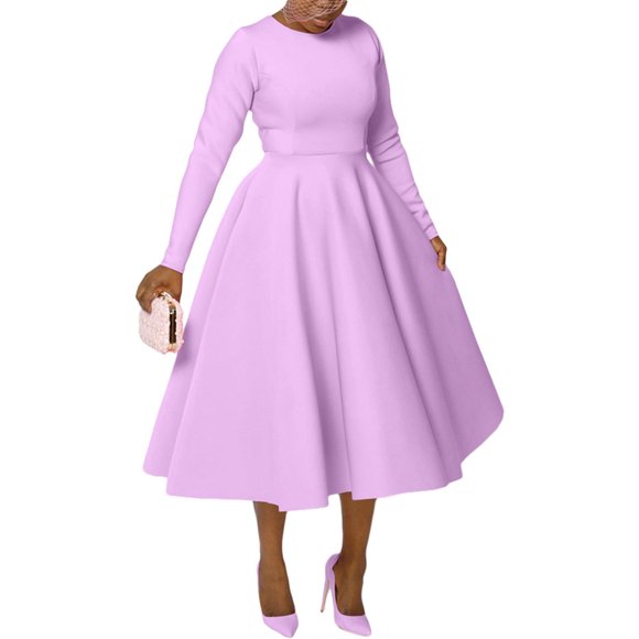 Lovzfmll Women's Solid Color Round Neck Side Pocket Long Sleeve Casual Fashion Dress Purple, XL