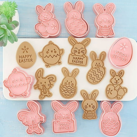 

Hariumiu 8Pcs Biscuit Mould Press Type Reusable Non-stick DIY Plastic Easter Rabbit Egg Fondant Mold Kitchen Supplies