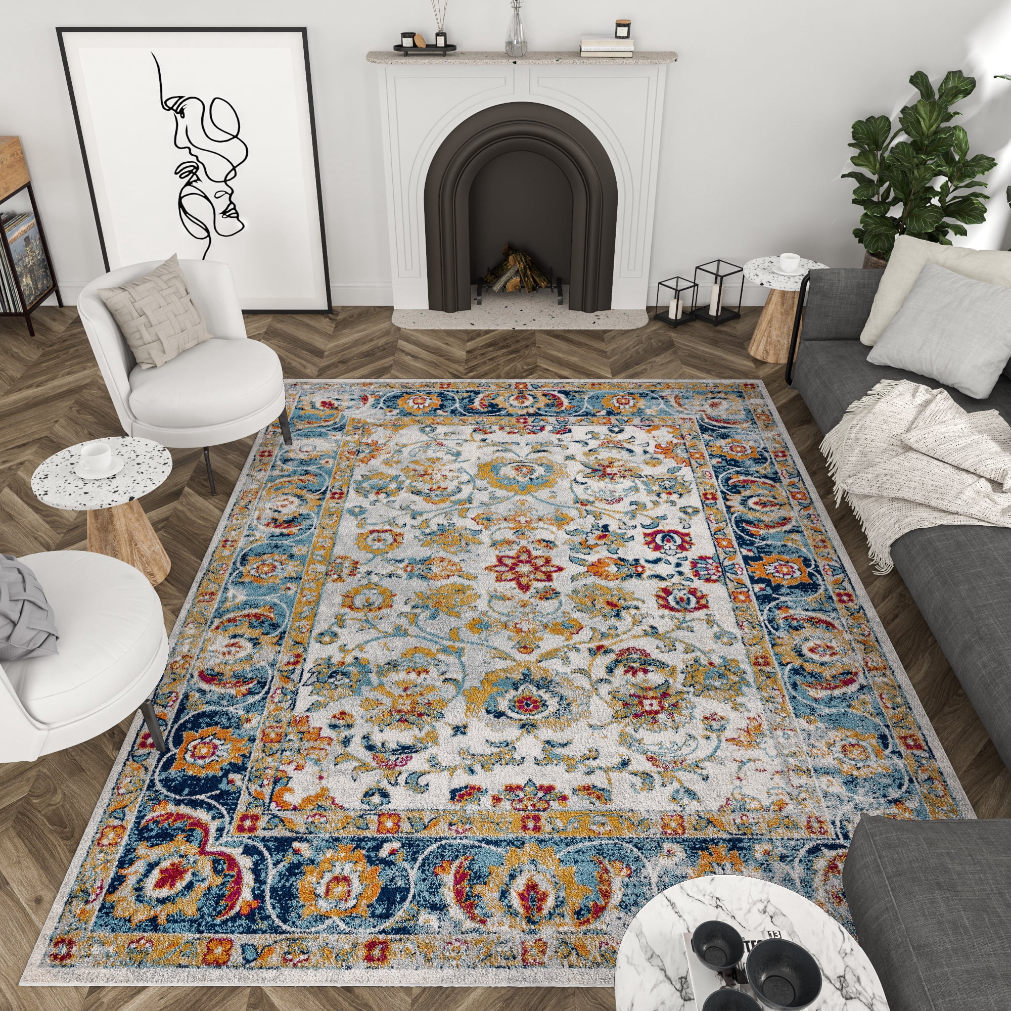 Diamond Traditional 5' x 7' Cream and Blue Polypropylene Indoor Area Rug