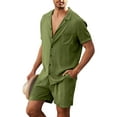 thumbnail image 2 of Mytrendy Men Linen 2 Piece Sets Solid Button Up Lapel Neck Shirts With Drawstring Shorts, 2 of 4