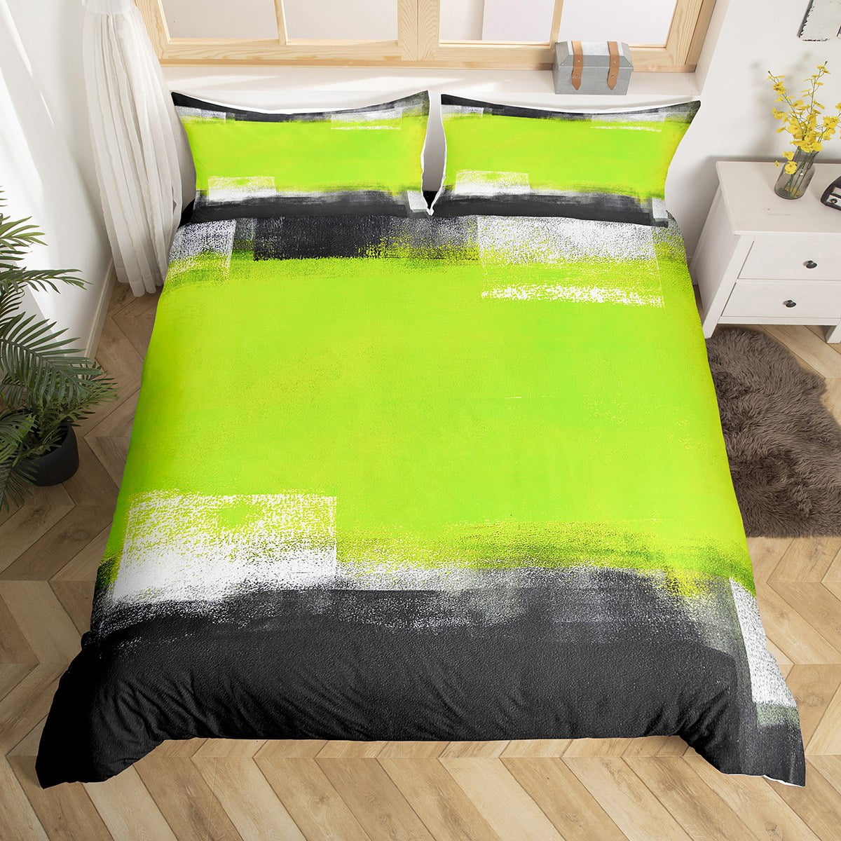 YST Lime Green Duvet Cover Full Watercolor Ombre Black White Bedding