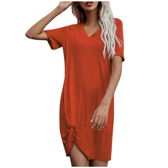 Yuyuzo Robes T-Shirts pour Femmes Manches Courtes Col en V Mini Robe Ourlet Froncé Couleur Dégradée Robes Courtes Décontractées