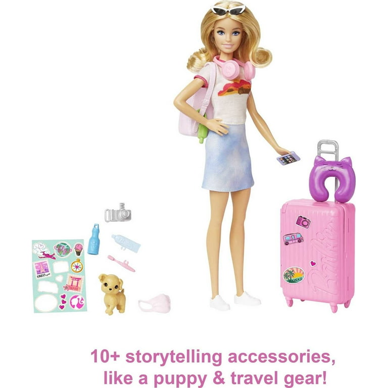 Barbie Muñeca y accesorios, set de viaje Malibu con cachorro y más de 10  piezas incluyendo maleta de trabajo