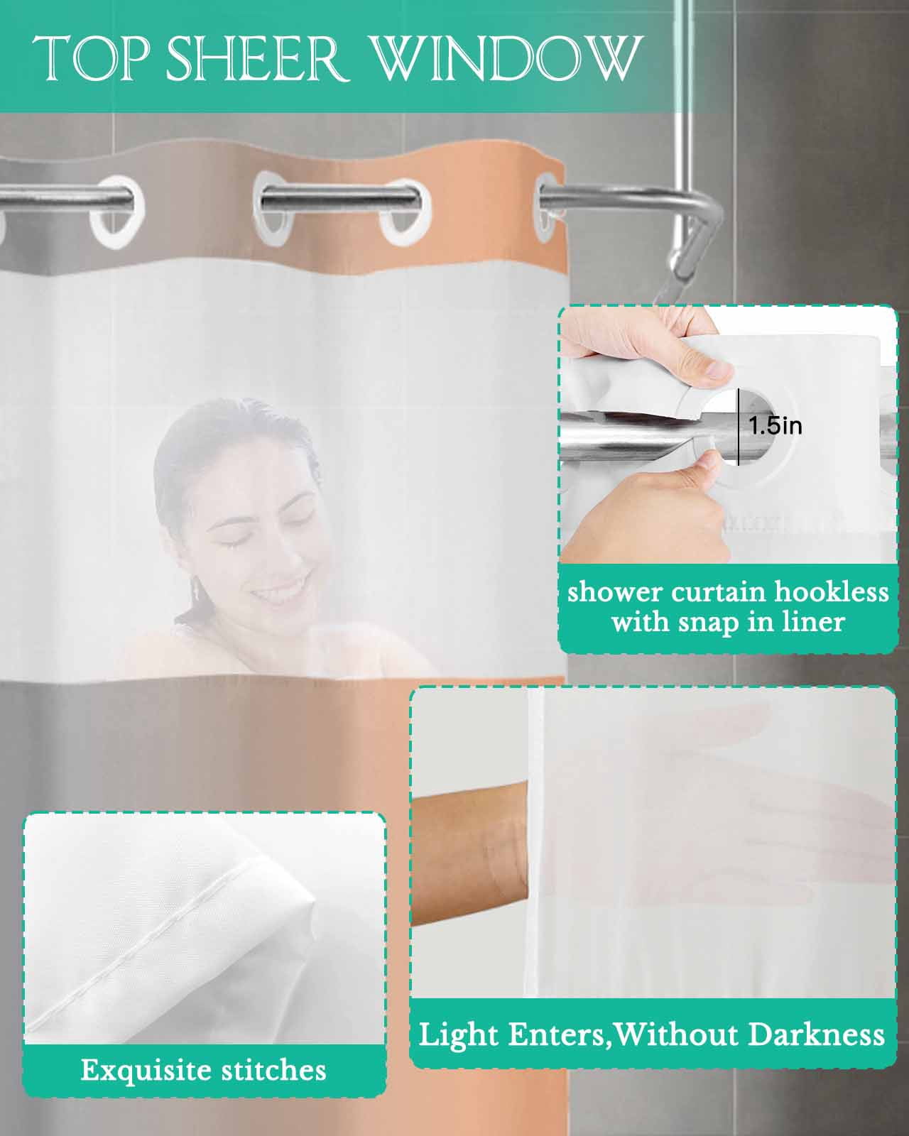 No Hook Shower Curtain with Snap in Liner, Ombre Abstract Gradient Coral Pink and Gray Hotel Shower Curtains for Bathroom, Washable Shower Curtain Liner Set with Mesh Top Window, 72"x72"