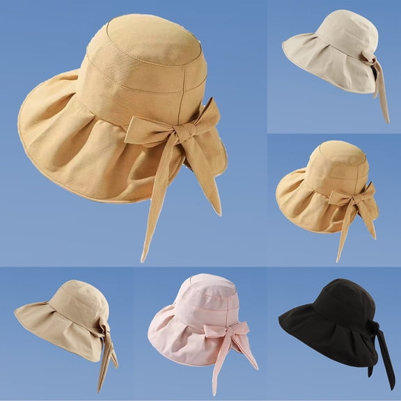 Nooxsoe Wide Brim Sun Hat for Women: Foldable Packable Beach Bucket Hat with Bow - Accented Ponytail Opening Beige One Size