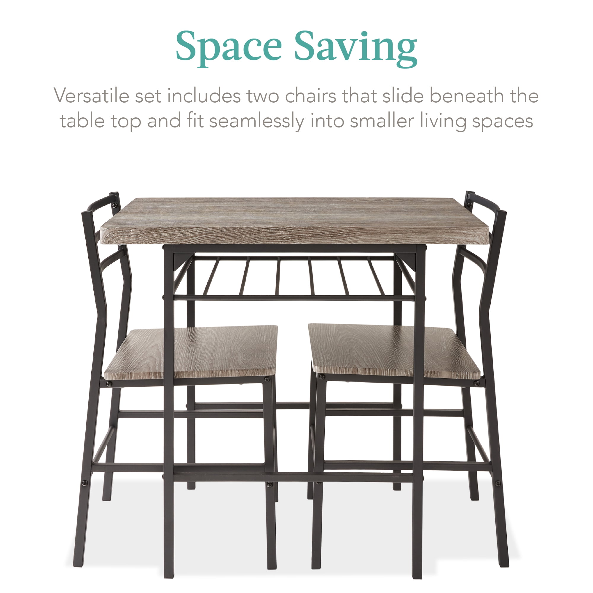 Best Choice Products 3-Piece Modern Dining Set, Square Table & Chairs Set w/ Steel Frame, Storage Rack - Gray/Black