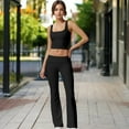 thumbnail image 3 of Foldover Waist Flare Leg Yoga Pants in Ribbed Knit - Large, Black, 3 of 6