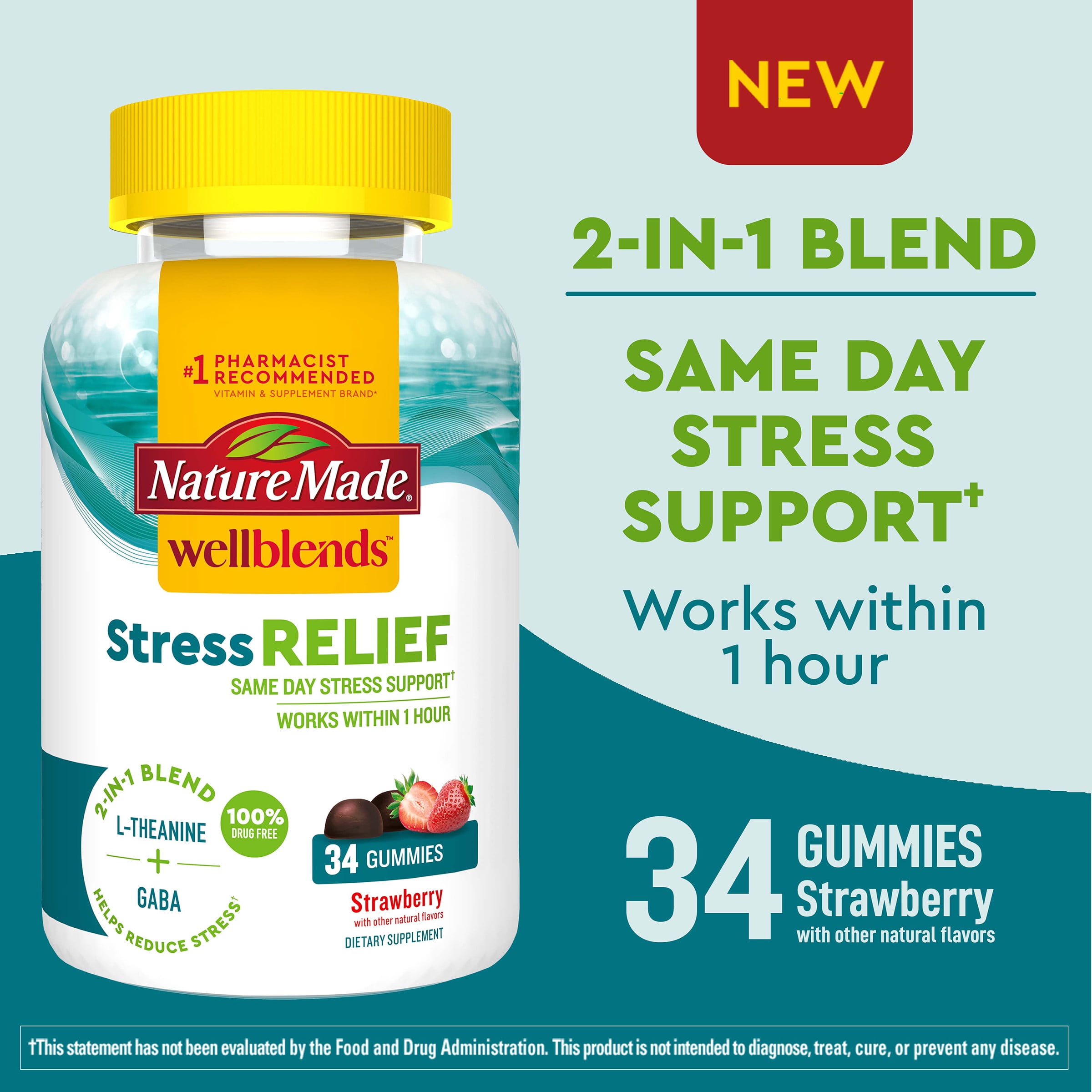 Nature Made Wellblends Stress Relief Gummies, L theanine, GABA, Dietary Supplement, 34 Count