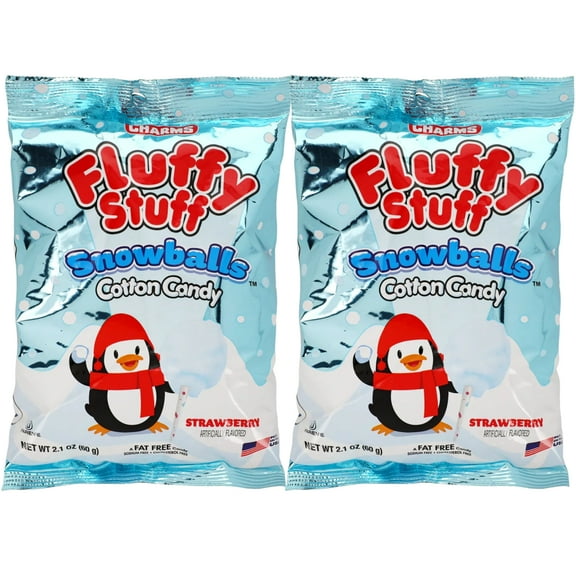 Fluffy Stuff Snowballs Strawberry Cotton Candy 2.1 oz for Home Kitchen Party Favors Treats Stocking Stuffers Christmas Holiday Winter Birthday Goodie Bags Basket Fillers Snack Gift Supplies Pack of 2