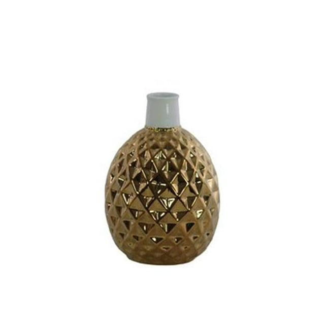 Urban Trends Collection 34259 Ceramic Round Vase with Short White Banded Rimmed Neck Engraved Diamond Pattern Design Body & Tapered Bottom, Gold