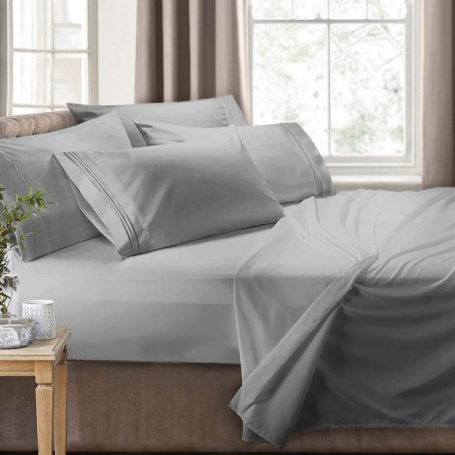 Clara Clark RV/Short Queen 6-Piece Bed Set for Campers - Deep Pocket Fitted Sheet Luxury Soft Microfiber, Silver