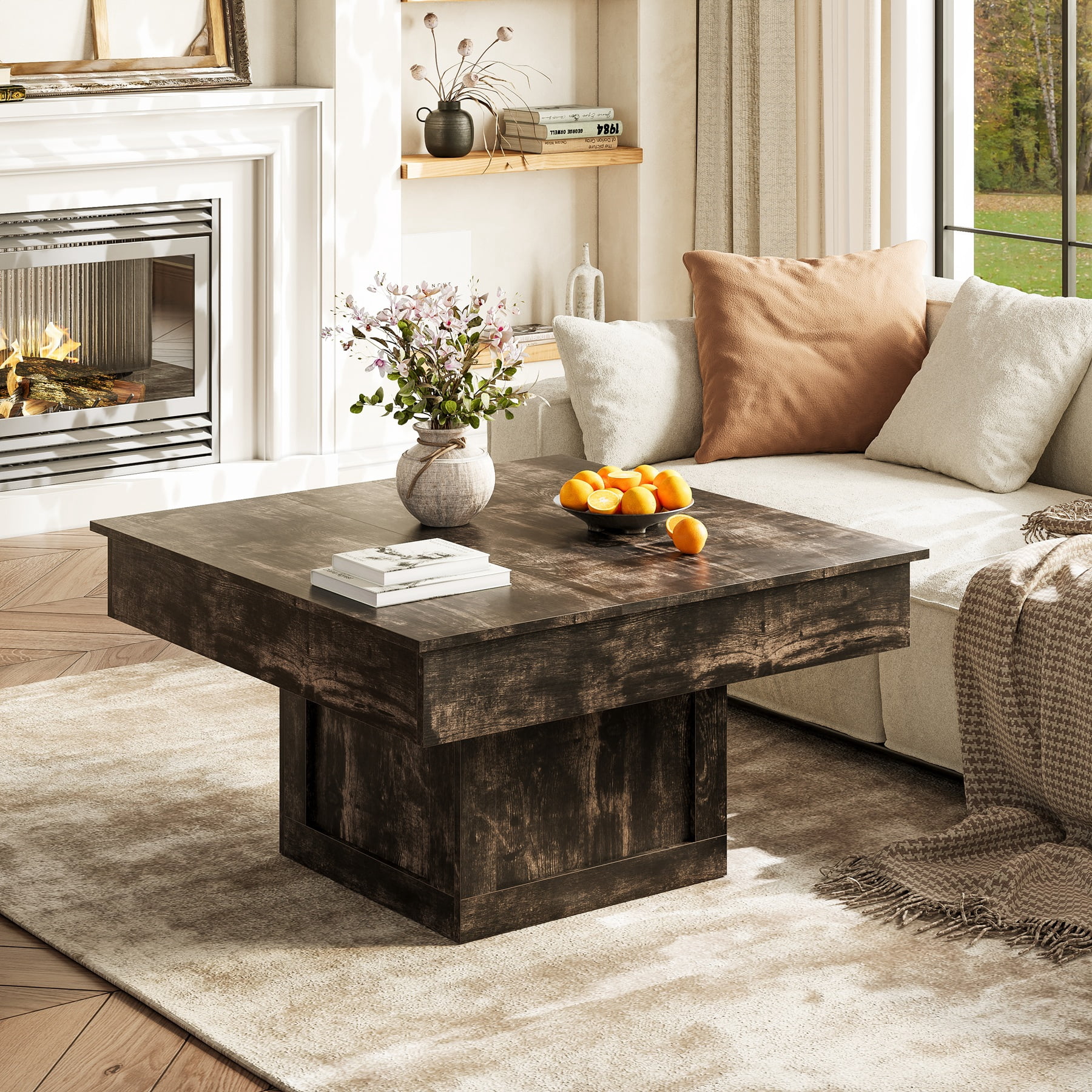 GUNAITO Lift Top Coffee Table with LED Lights, Modern Farmhouse Center Table with Storage, 31.5''Hx31.5''Wx19''D, Black