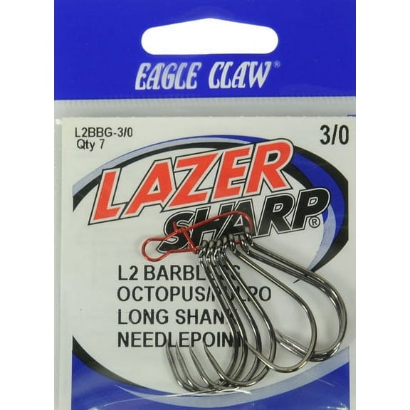 Lazer Sharp L2BBGH-3/0 Barbless Long Shank Octopus Hook, Black, Size 3/0, 7 Pack