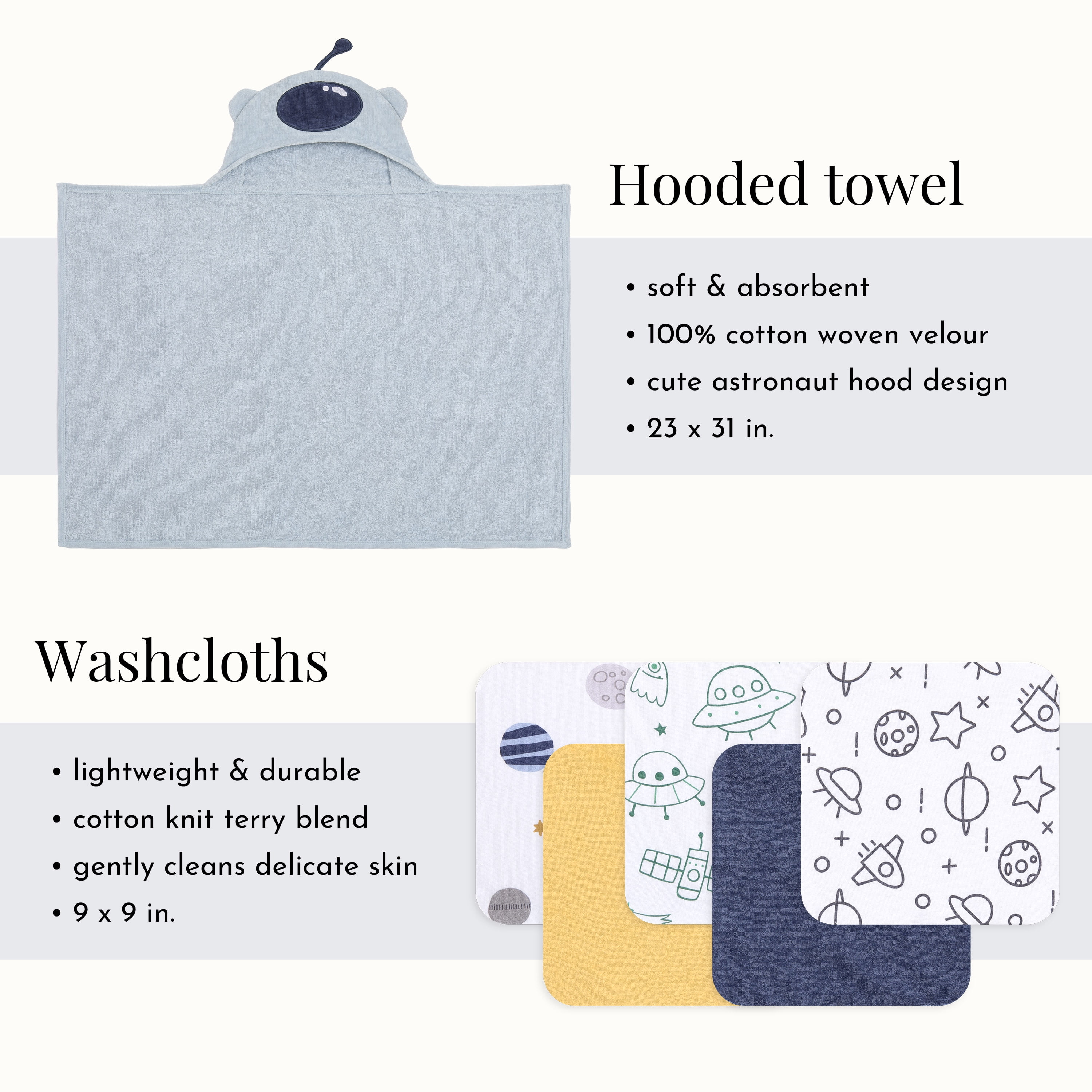 Evolur AstroNap 6 pc Gift Set - Hooded Towel & 5pc Wash Cloths, Space Print