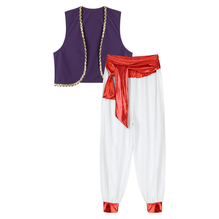 TiaoBug Mens Arabian Prince Costume Outfits Golden Vest and Bloomers Pants  Halloween Cosplay Party Suit Red M