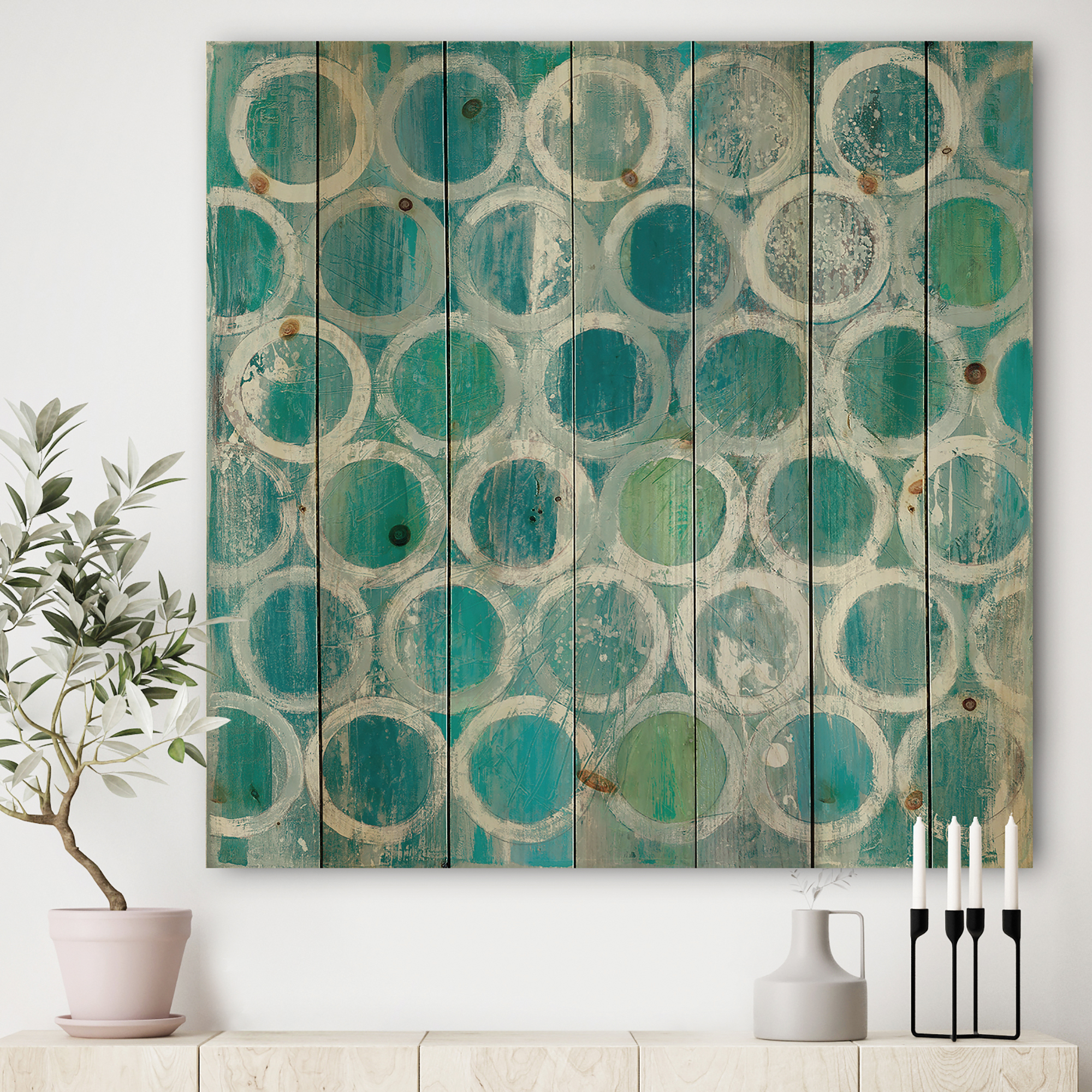 Designart 'Blue Natural Circle' Modern & Contemporary Print on Natural Pine Wood