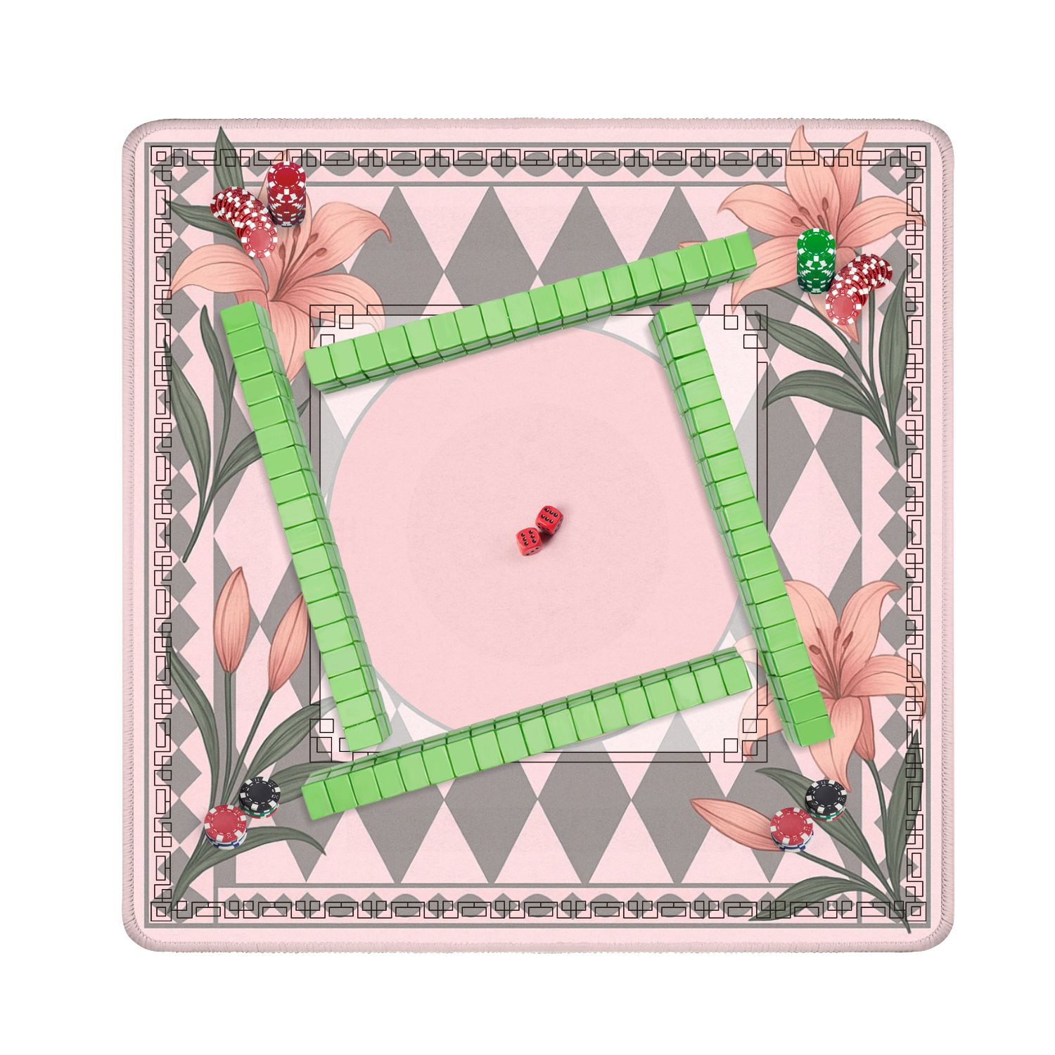 Mahjong Mat 31.5" x 31.5" Elegant Pink Floral Design Anti-Slip and Noise Reduction Symmetry Design Mahjong Tiles Table Cover for Dominoes Poker Card Board and Tile Games