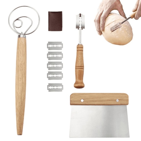 3pcs Danish Dough Whisk, Bench Scraper, Bread Lame Sourdough Scoring Tool, Sourdough Bread Baking Supplies Starter Kit With 5 Blades