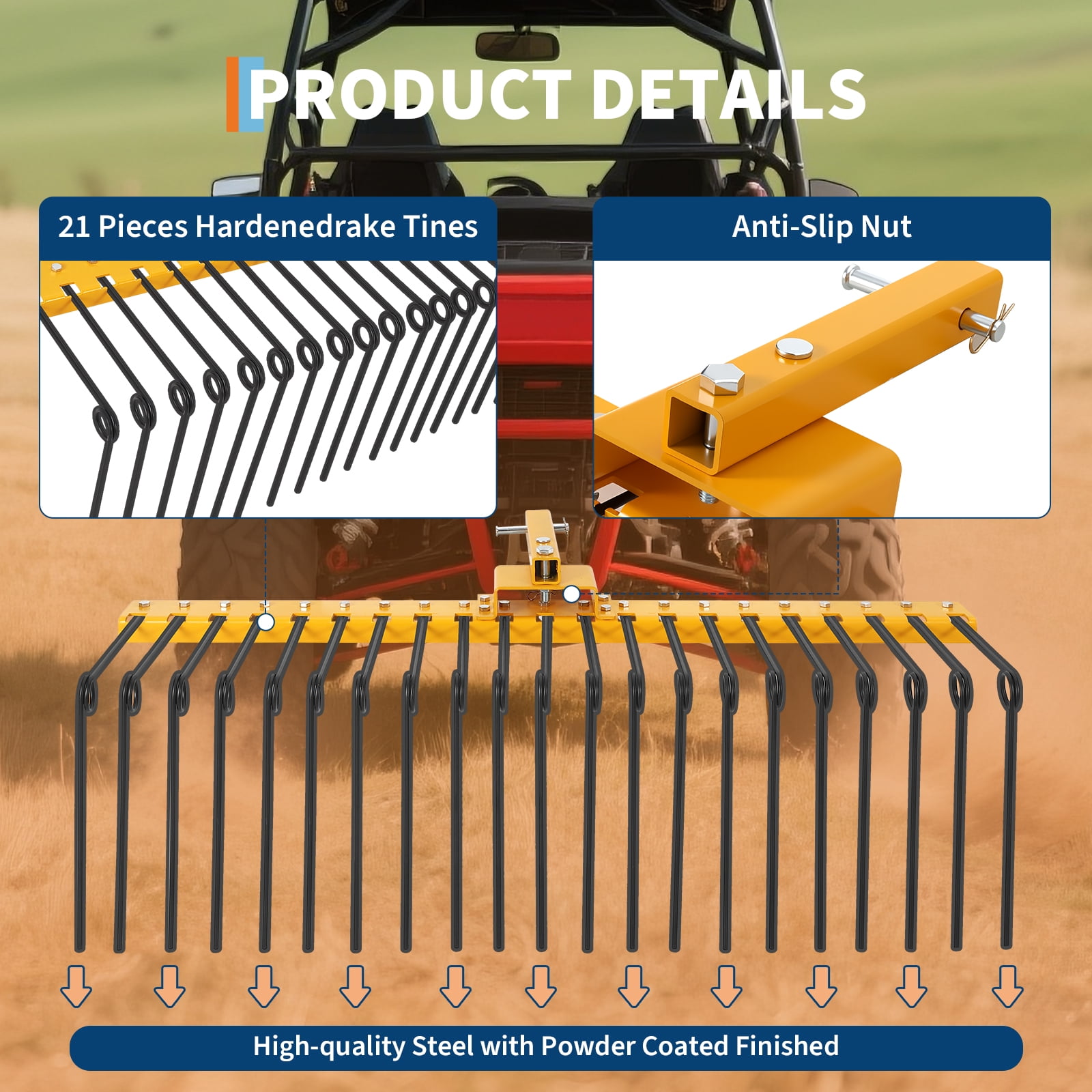 Mescukay Tow Behind Landscape Rake, 60" Tow Dethatcher with 21 Steel Coil Tines, Lawn Dethatcher Rake Attaches Toolbars and 3-Point Suspension Systems, for Leaves, Pine Needles, and Grass