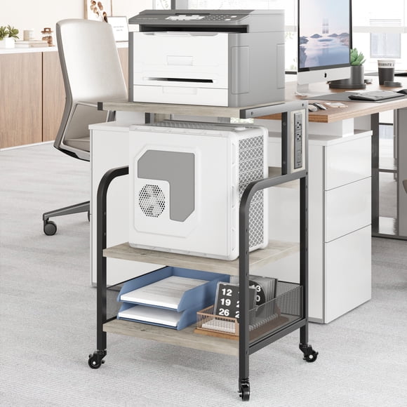 Estante de impresora de 3 niveles con ruedas - Con enchufes eléctricos y puertos USB - Estantes ajustables y almacenamiento metálico resistente - Mueble organizador para oficina o espacios reducidos