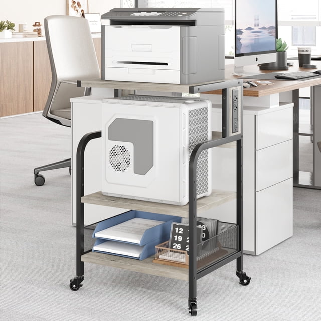 Estante de impresora de 3 niveles con ruedas - Con enchufes eléctricos y puertos USB - Estantes ajustables y almacenamiento metálico resistente - Mueble organizador para oficina o espacios reducidos