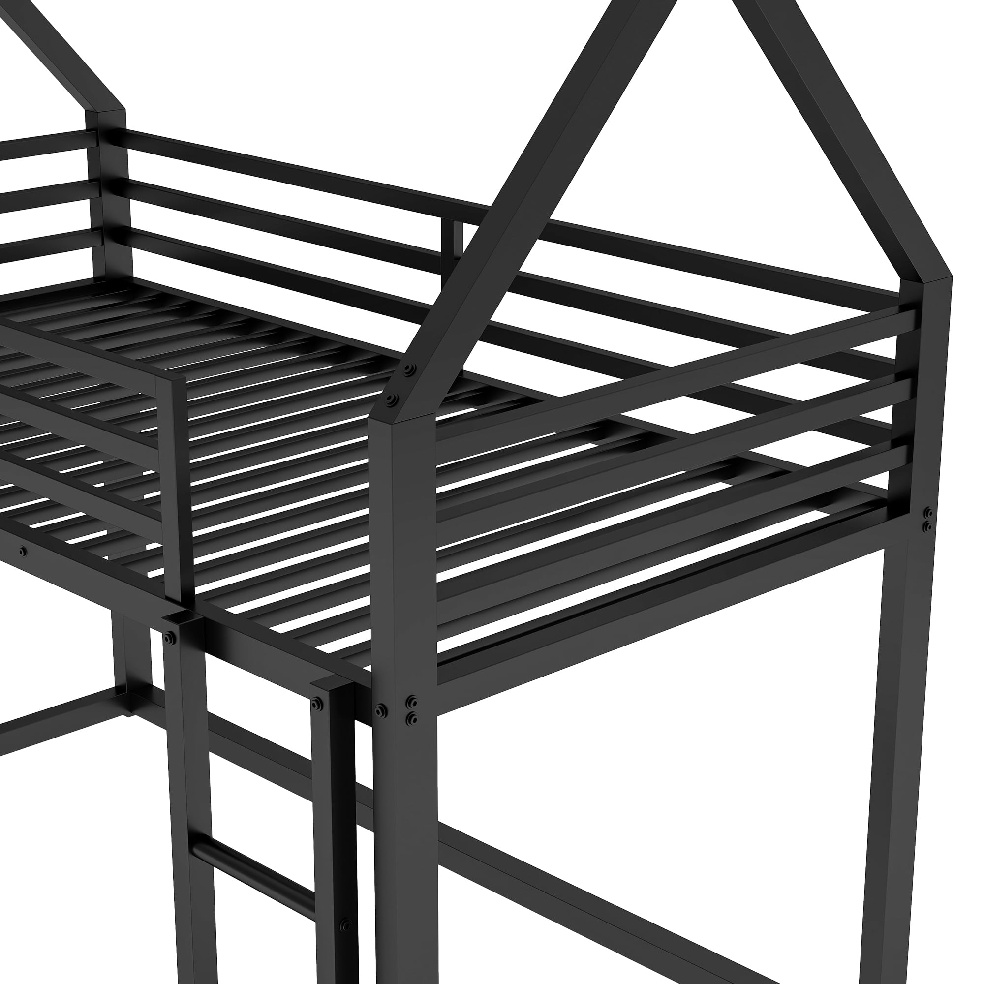 Euroco Twin Over Twin House Bunk Bed with Built-in Ladder for Kids Teens, Black