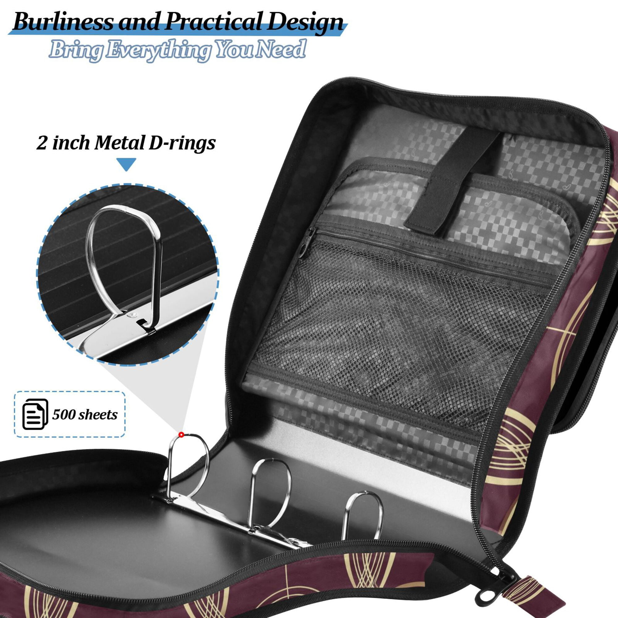 FORMRS Zipper Binder with Shoulder Strap 2-inch Ring 500 Sheet Capacity File Bag, Gold Abstract Pattern