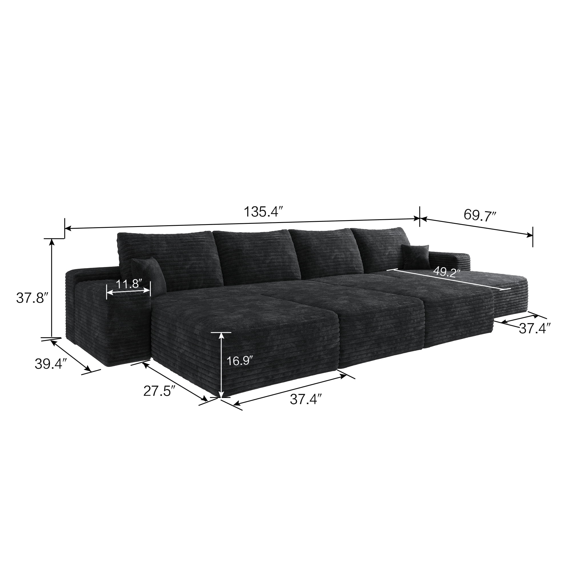 MAYEERTY 135" Black Large 6-Seat Modular Cloud Sofa No Assembly Stylish Oversized Furniture