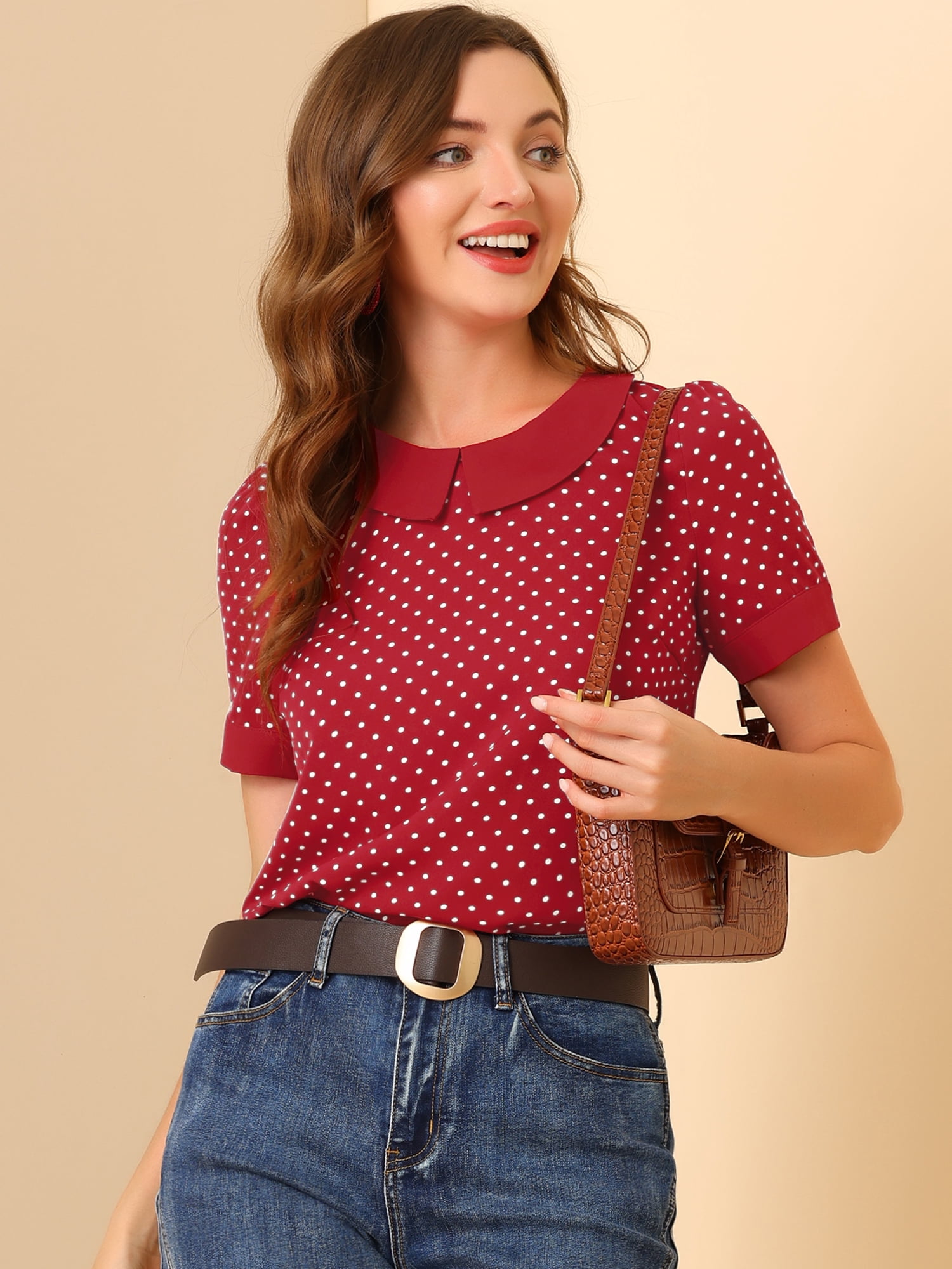 DARING DIVA Women's Peter Pan Collar Polka Dots Short Sleeve Tops XL Red