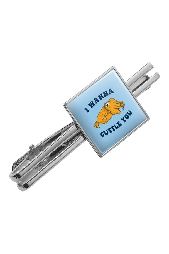 I Wanna Cuttle You Want to Cuddle Fish Funny Humor Square Tie Bar Clip Clasp Tack- Silver or Gold