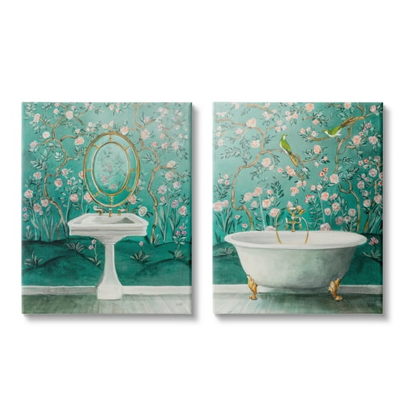 Stupell Industries Floral Patterned Bathroom Botanical & Floral Painting Gallery Wrapped Canvas Print Wall Art, 16 x 20, Set of 2