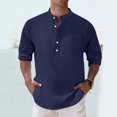thumbnail image 2 of ZCFZJW Mens Cotton Linen Henley Shirts Long Sleeve Casual Shirt Summer Beach Hippie T-Shirt Band Collar Shirt with Chest Pocket Navy M, 2 of 9