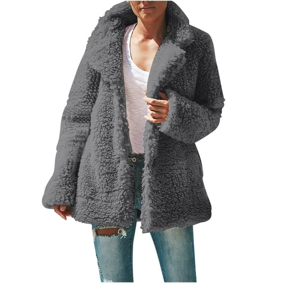 Hueook Fall Jackets for Women 2025 Womens Puffer Jacket Women's Solid Winter Faux Coats Long Sleeve Lapel Pockets Fleece Jacket Casual Trendy Outerwear Dark Gray XL