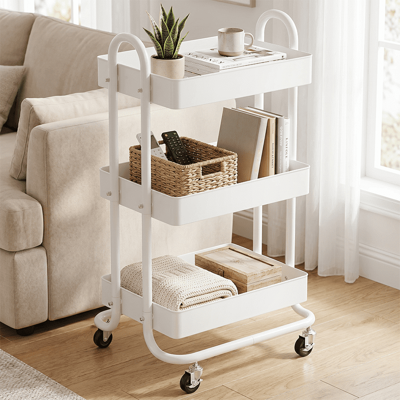 Fenbeli 3-Tier Metal Rolling Utility Cart with Wheels, White, 18"L x 13.4"W x 31"H
