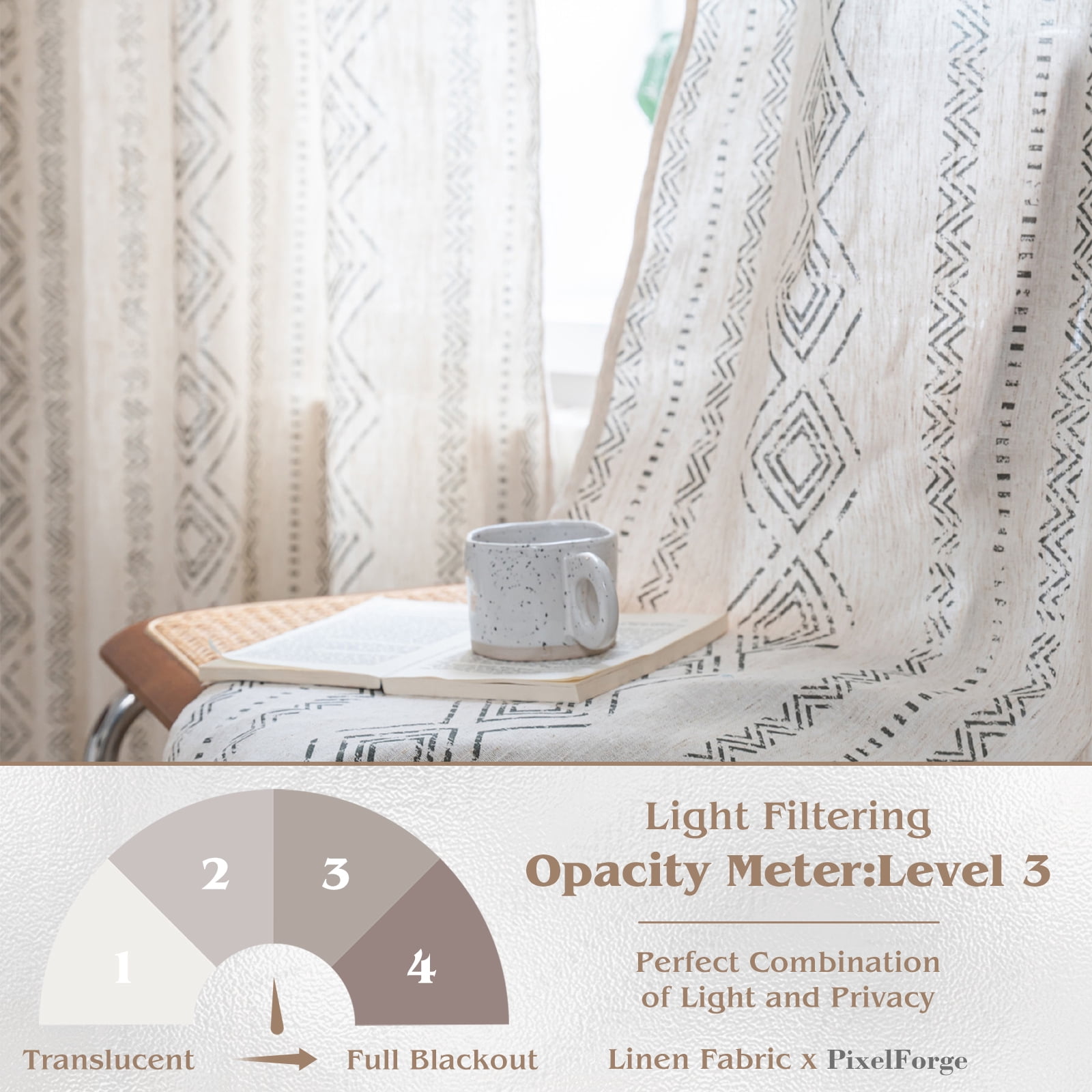 PixelForge Semi Blackout Linen Curtains Geometric Window Curtains 84 Inch Length Farmhouse Light Filtering Drapes for Living Room Bedroom 1 Panel,Beige