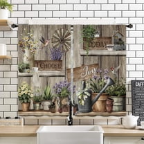 Farmhouse Rustic Plant Kitchen Window Curtains 2 Panels 27.5W x 39H Rod Pocket Vintage Country Rural Wood Wooden Plank Lavender Botanical Small Short Door Decor Bathroom Drapery Treatment