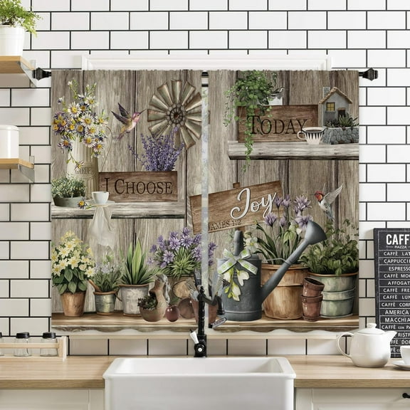 Farmhouse Rustic Plant Kitchen Window Curtains 2 Panels 27.5W x 39H Rod Pocket Vintage Country Rural Wood Wooden Plank Lavender Botanical Small Short Door Decor Bathroom Drapery Treatment