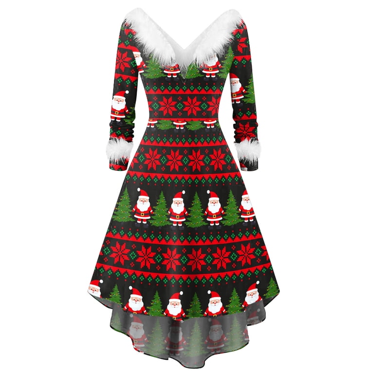 Women's Fashion Christmas Plush Long Sleeved V-Neck Irregular Dresses,  Festive Fall and Winter Party Wear with Unique Design, Cozy and  Elegant,Green,M
