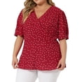 thumbnail image 1 of Women's Plus Size PolDots Blouses V Neck Button Front Short Sleeve Wrap Peplum Top Red 2X, 1 of 7