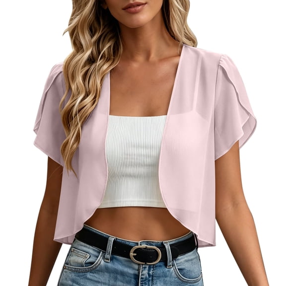 Sexlip Women Flounce Sleeve Chiffon Shrug Cardigan V Neck Ruffle Short Sleeve Sheer Open Front Cropped Lightweight Beach Vacation Layering Outer Coat Pink L