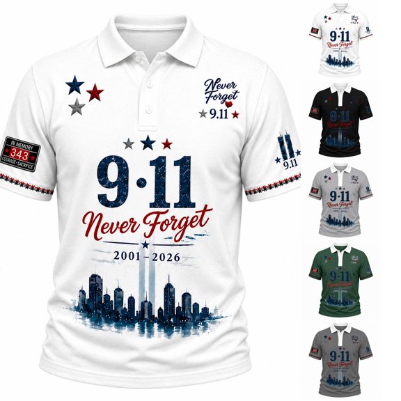 Men's Never Forget 911 Graphic Shirt, 9/11 25th Anniversary Polo Collar Short Sleeve T-Shirt, Salute to Firefighters American Patriotic 25th Memorial Tee, A, White XXL