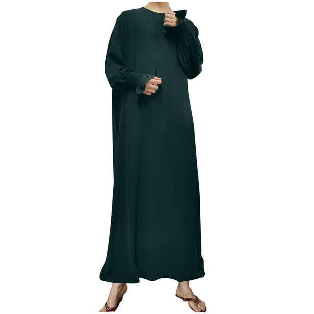 cfhntfmh Robes Décontractées pour Femmes Automne Amples Col Rond Puff Manches Longues Longue Robe Maxi Fluide Couleur Unie Robe T-Shirts