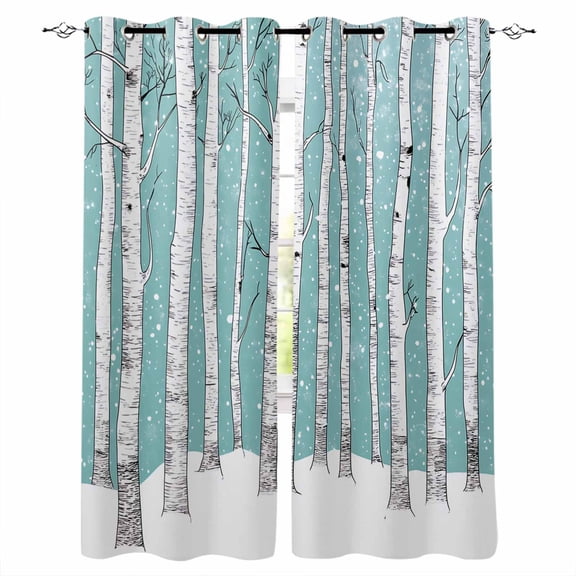 Aqua Tree Trunk Blackout Curtains for Bedroom/Living Room, Thermal Insulated Kitchen Curtains, Farmhouse Forest Snow Watercolor Grommet Darkening Window Treatment Drapes 42"x63"x2