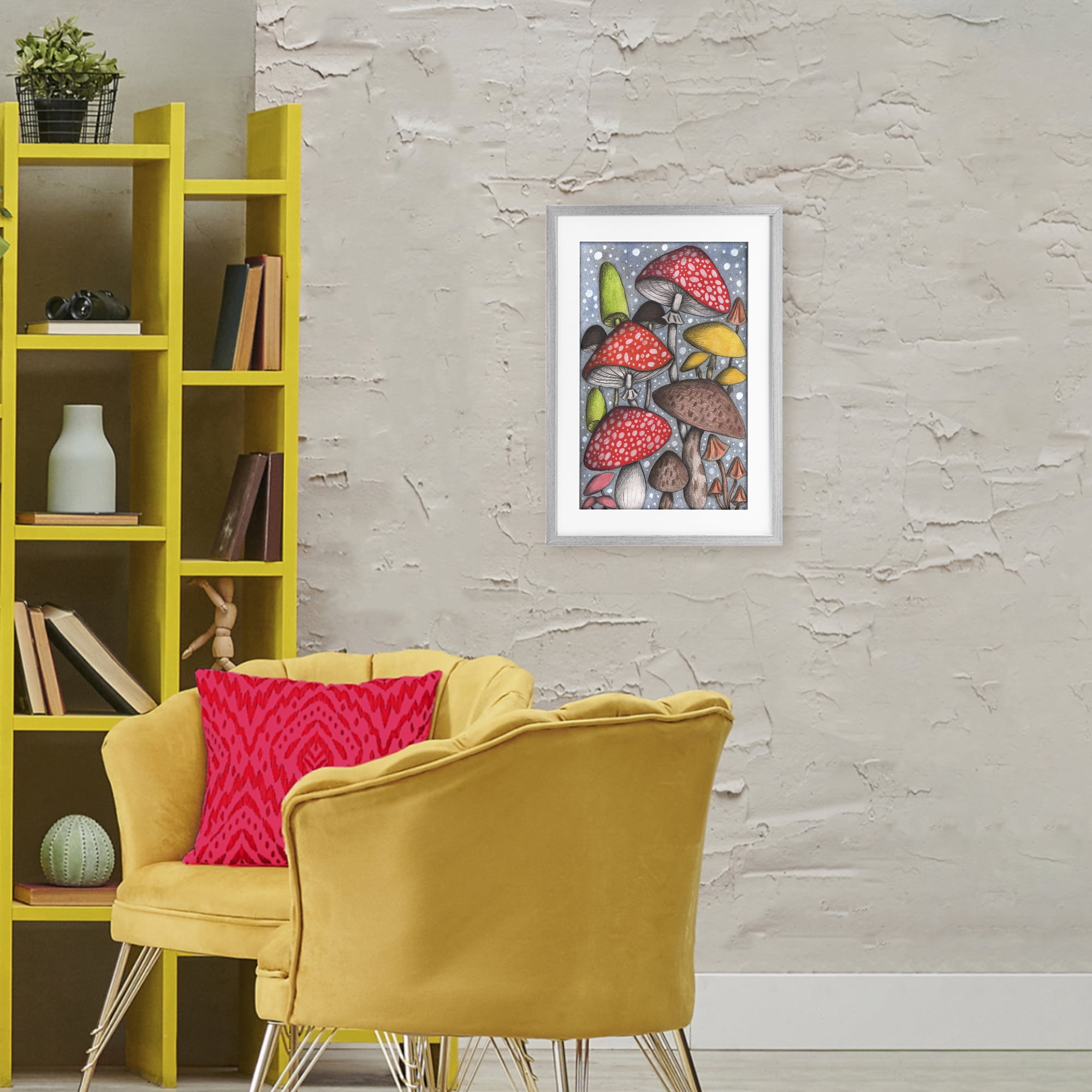 Sketched Magical Mushrooms Gray Framed Print Under Glass, design by Cecilia Battaini