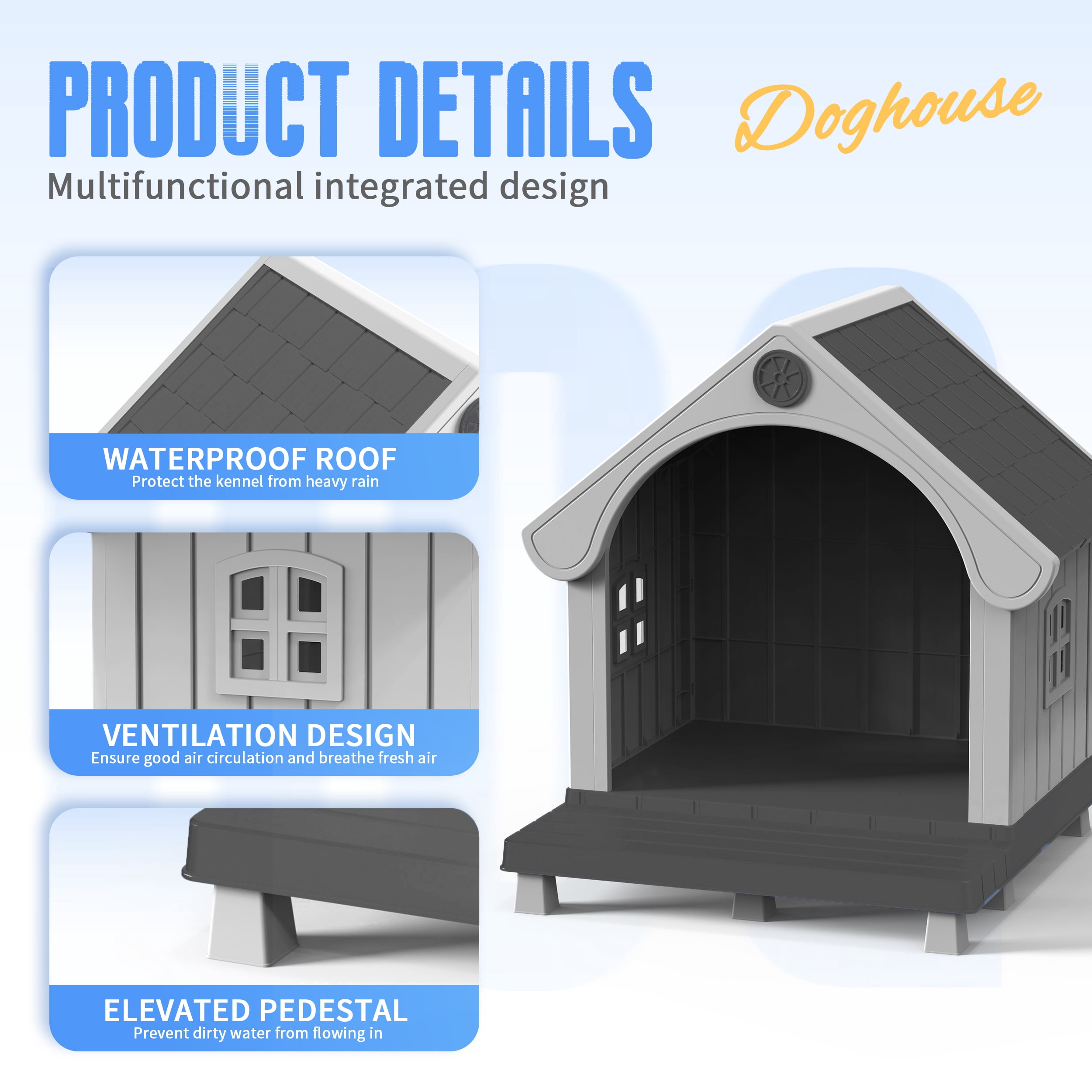 Joxxoaa Dog House Resin Dog Kennel with Cute Elegant Design & Extended Elevated Floor, Dog Houses for Large Dogs Outside Weatherproof for Indoor & Outdoor Use
