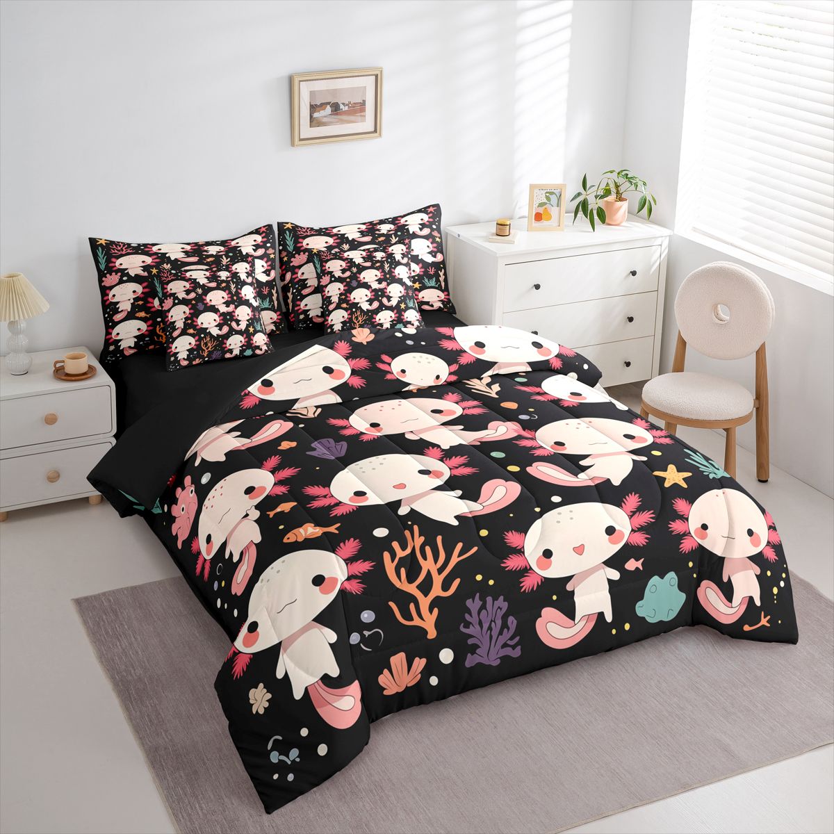 Homewish Kawaii Pink Axolotl 7 Pieces Bedding Comforter Set,Cartoon Ocean Animal Full Bedding Set,Watercolor Sealife Coral Fitted Sheet Flat Sheet For Teens,Super Cozy Room Decor Reversible