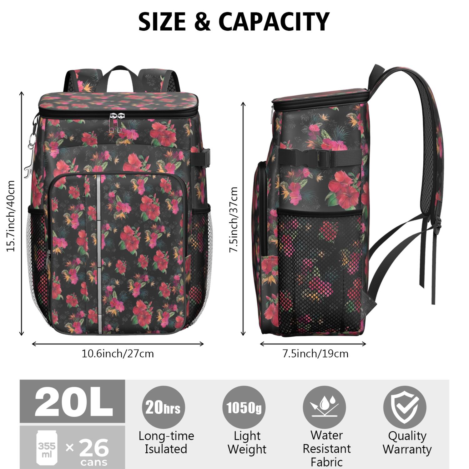 Travel Cooler Bag - Pioneer Flower Floral Print Pattern Camping Beer Cooler Backpack with Bottle Opener- Waterproof Insulated Picnic Backpacks - Cooler Bag for Beach