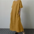 thumbnail image 2 of Vestido largo de lino para mujer talla grande - Cintura con cordón, abertura, manga corta, informal, 2 of 6