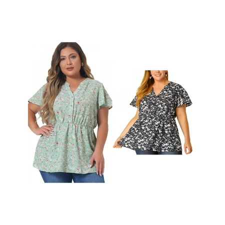 NOMADIC NOOK Women's Plus Size 2 Pieces Floral Blouse V Neck Short Sleeve Casual Smocked Waist Peplum Chiffon Top 3X Green/Black